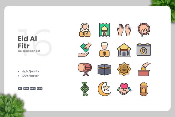 Eid Al Fitr Colored Icons for Graphics and Branding